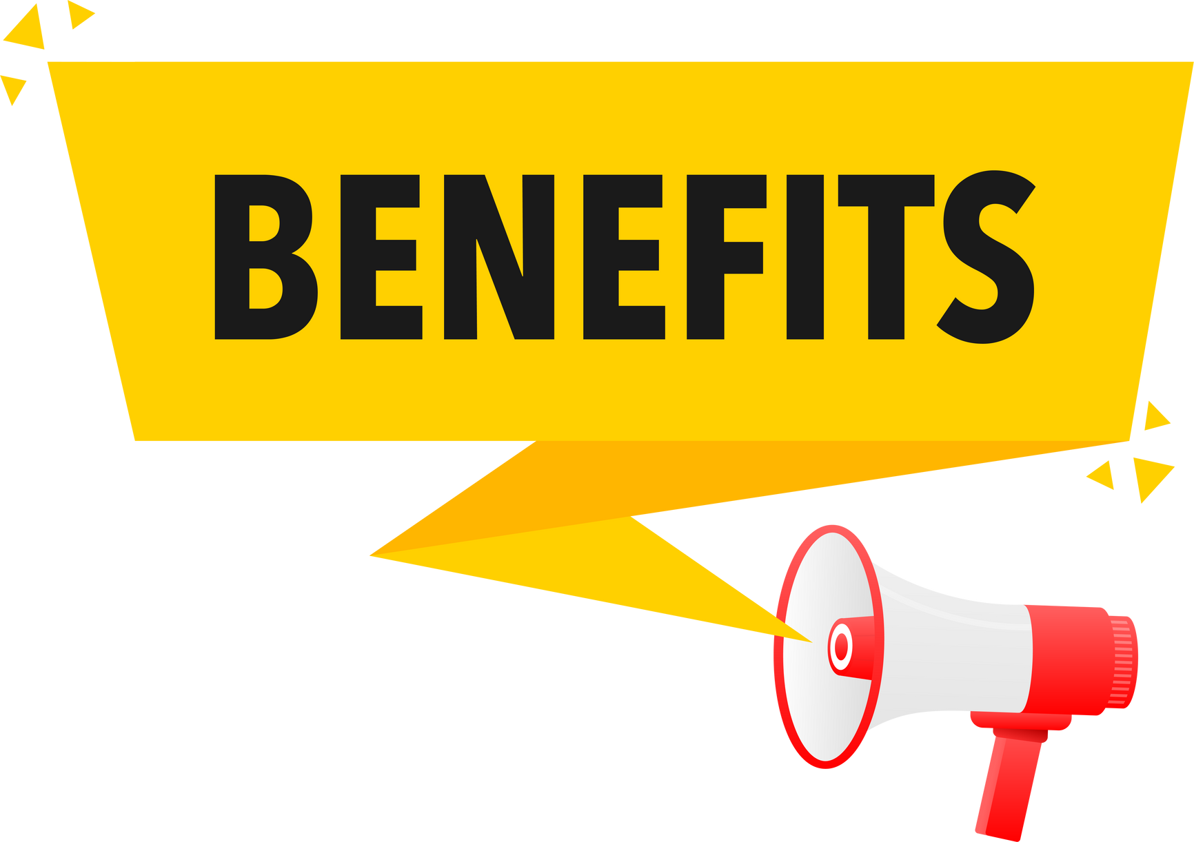 Benefits Announcement Megaphone Label. Loudspeaker speech bubble.